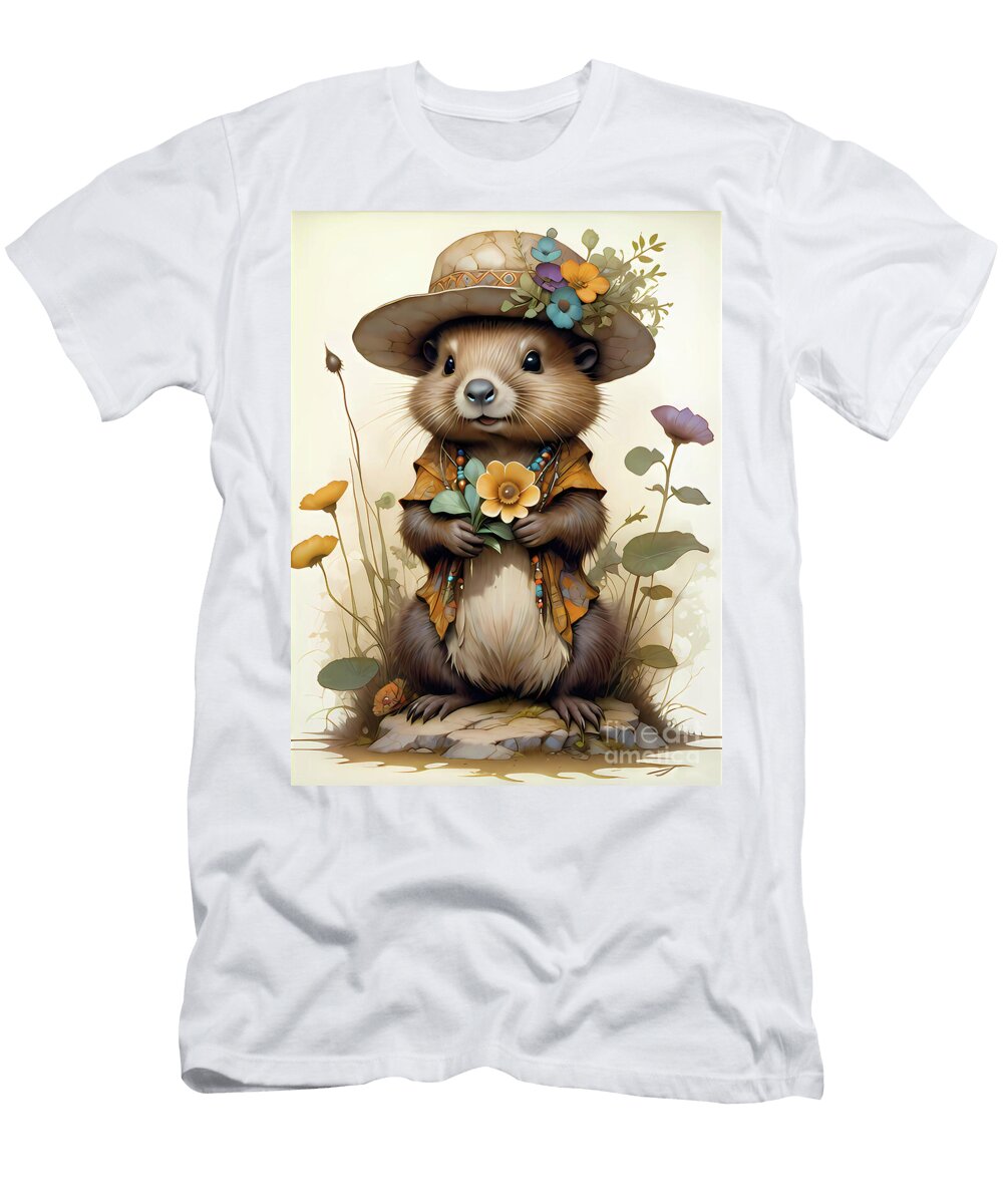 Baby Beaver with Wildflowers Artwork for Kids Ingo Klotz T-Shirt
