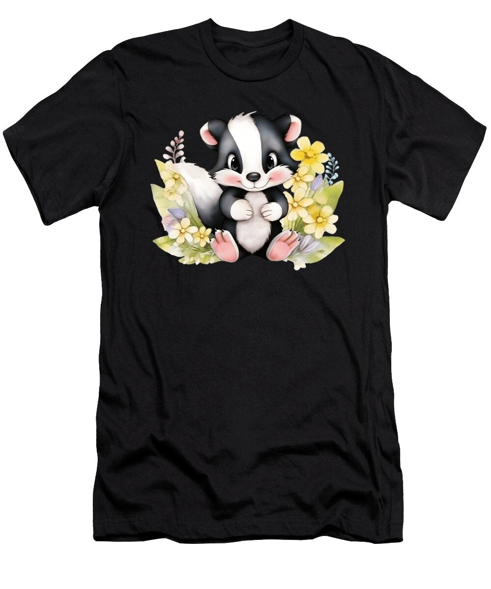 Baby Skunk Black and White Skunk Watercolor Floral Heidi Joyce T-Shirt