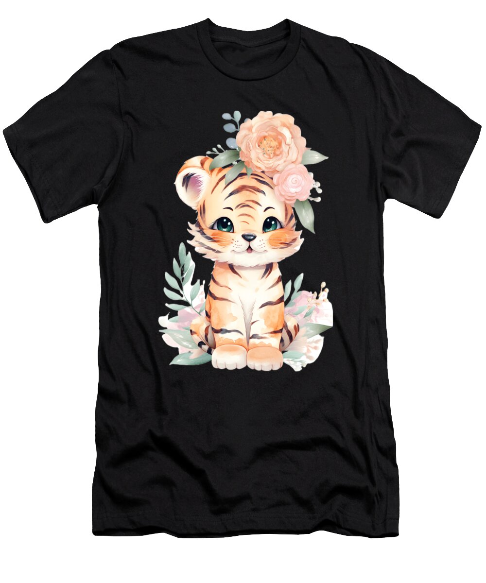 Baby Tiger Watercolor Floral Heidi Joyce T-Shirt