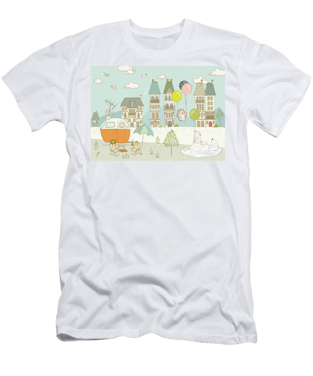 Bears and Mice Outside the City Cute Whimsical Kids Art Matthias Hauser T-Shirt
