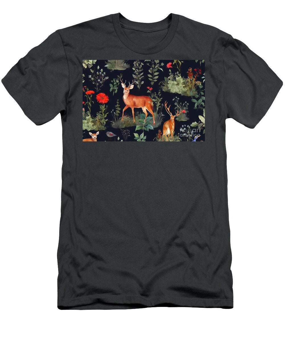 Beautiful Seamless Floral Pattern with Watercolor Forest Plants and Animals Stock Illustration N Akkash T-Shirt