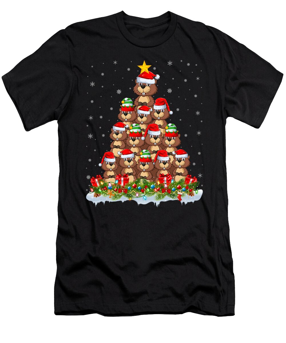 Beaver Christmas Tree Lights Santa Hat Funny Studi Alex T-Shirt
