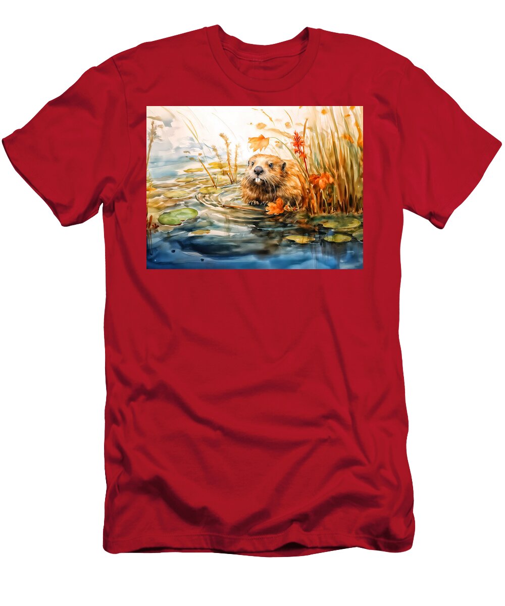 Beaver Sitting By Pond Among Reeds Art Momente T-Shirt