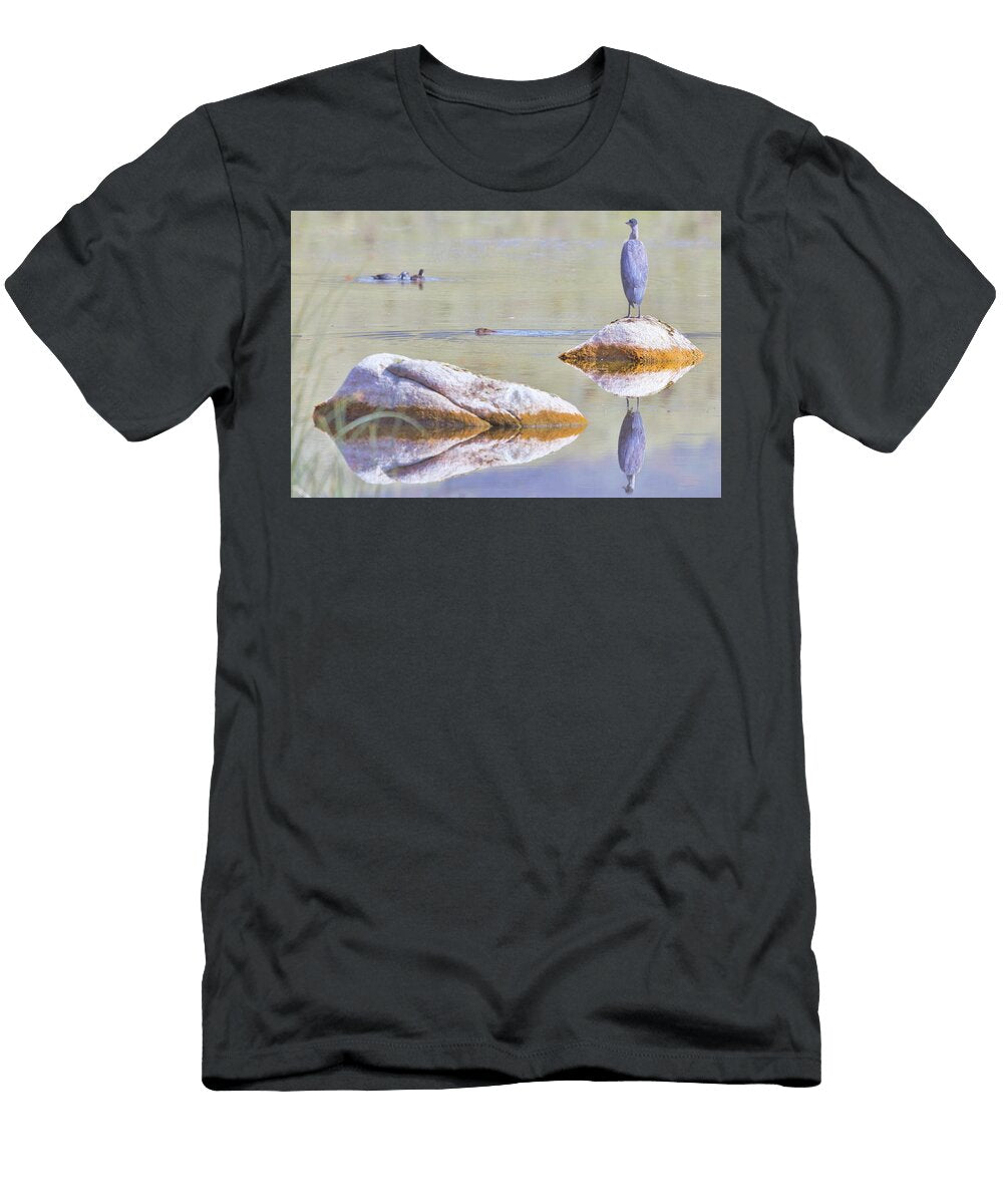 Blue Heron Refletion with Beaver Serene Water Ardea Herodias Isabella Smedley Nature T-Shirt