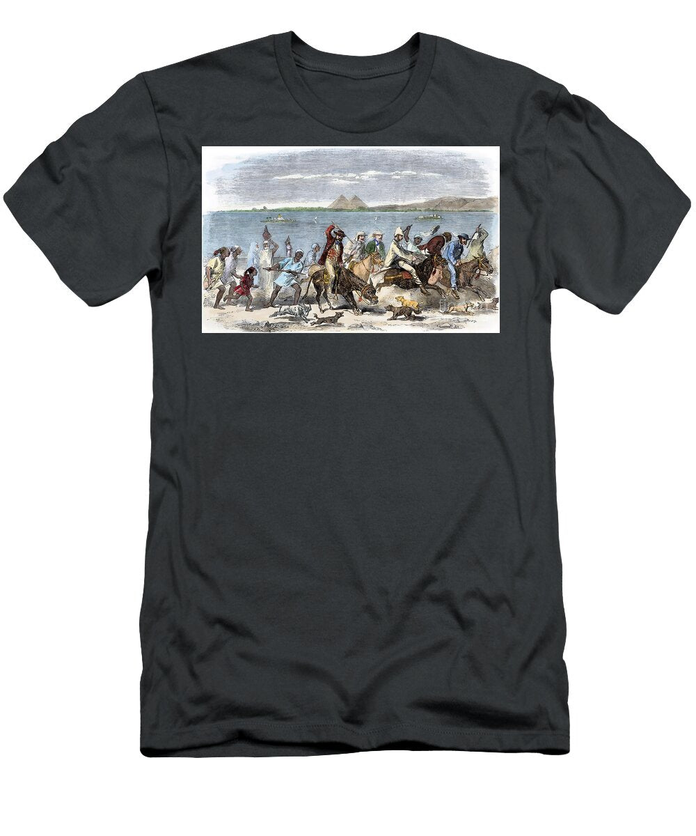 British Tourists From Victorian Era with Donkey Backs Going to a Picnic on the Pyramids Egypt Around 1850 Colour Engraving 19th Century American School T-Shirt