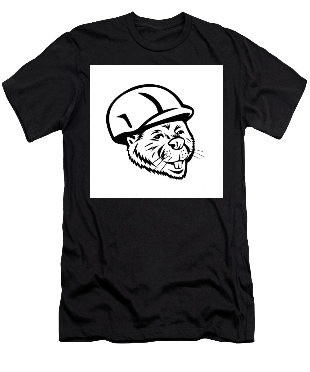 Cartoon North American Beaver or Castor Canadensis Wearing Hard Mascot Retro Aloysius Patrimonio T-Shirt