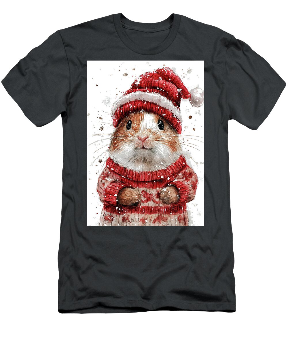 Cavy Cute Hamster in a Red Hat and Sweater Winter Holiday Animal Art Rhys Jacobson T-Shirt