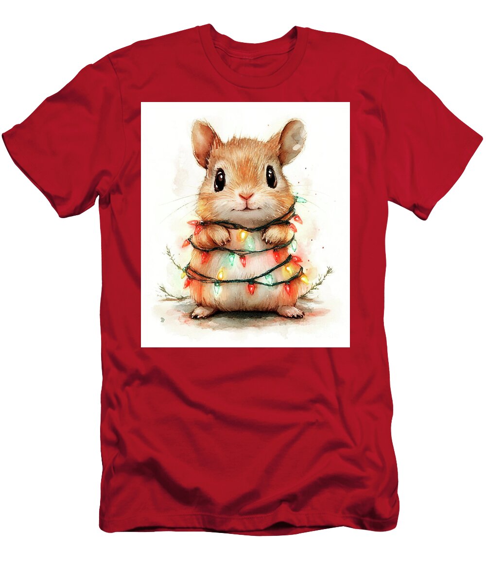 Cavy Cute Hamster Wrapped in Christmas Lights Watercolor Illustration Clint Mclaughlin T-Shirt