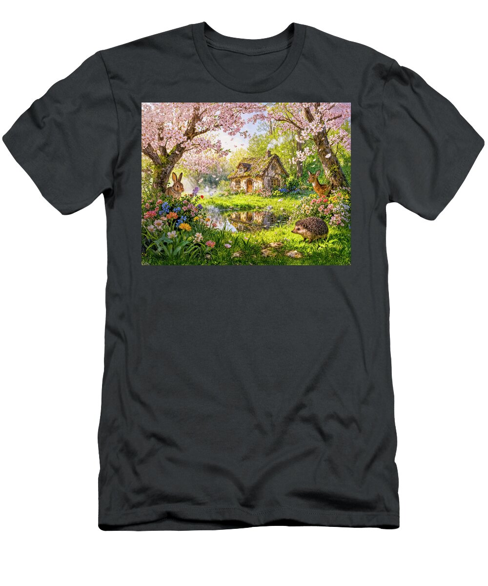 Cherry Blossom Cottage By the Garden Pond Art Momente T-Shirt