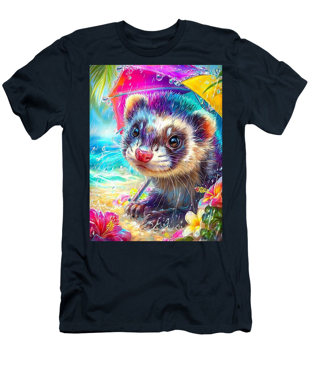 Colorful Animals Tropical Animals Ferret Energetic Ferret Attempting to Steal the Umbrell Rainy Day Elmer Powers T-Shirt
