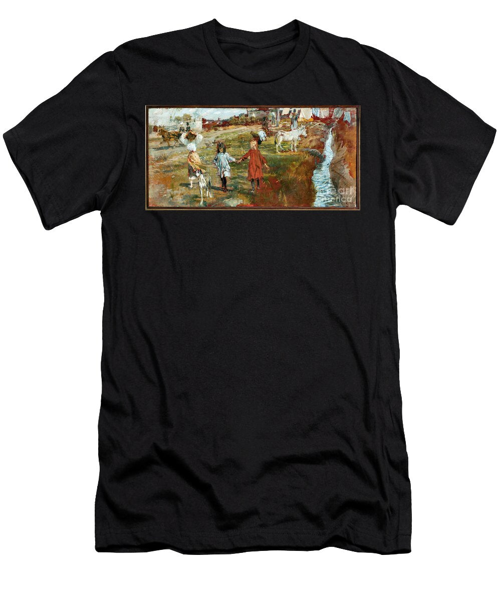 Country Landscape with Children and Dog a Donkey By the River Ettore Tito T-Shirt