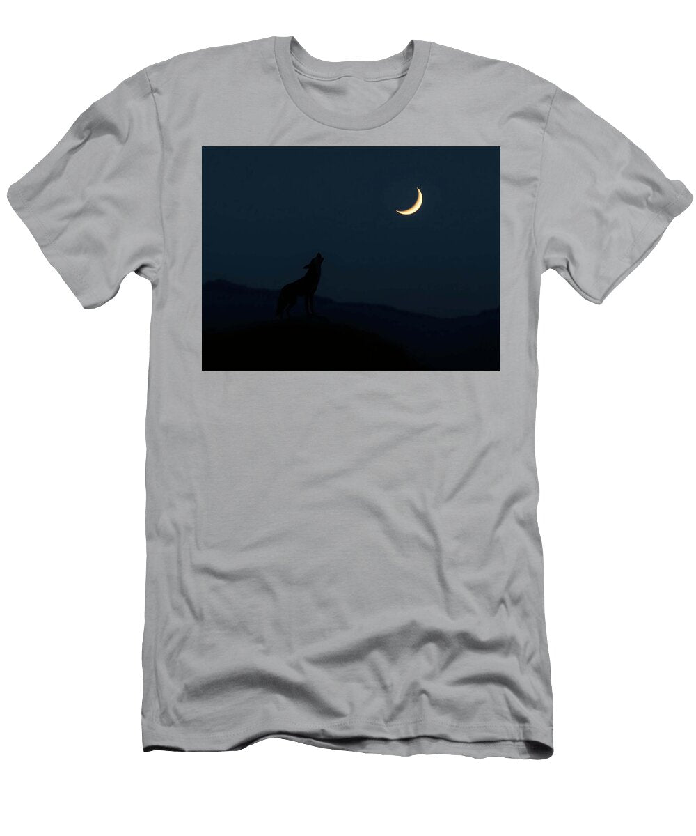 Coyote Howling At Crescent Moon Coyote Howling on a Desert Ridge Under a Bright Crescent Moon Silhou Eliana Haines T-Shirt