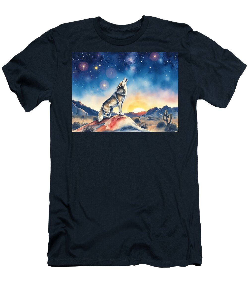 Coyote Howling At Starry Night Celestial Wolf Howling Under the Joshua Tree Night Sky Carla York T-Shirt