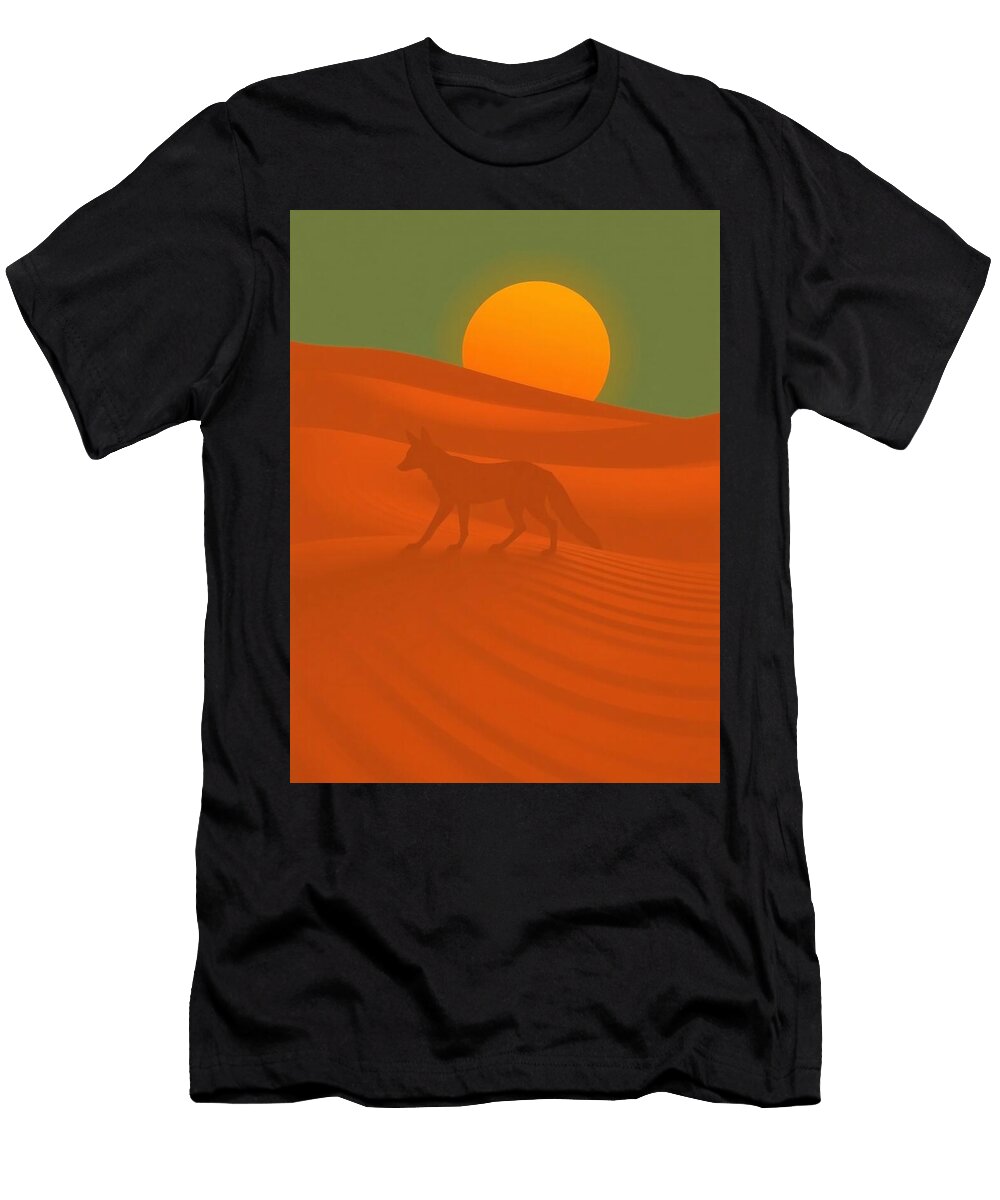 Coyote in Sunset Dunes Coyote Silhouette Made Swirling Desert Sand Orange Moonlight Maisha Gilmore T-Shirt