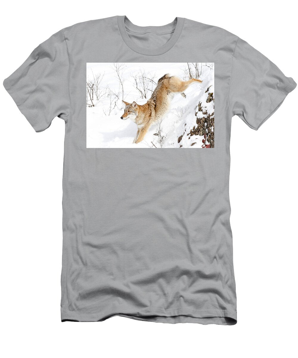 Coyote Jumping Through Snow Athena Mckinzie T-Shirt