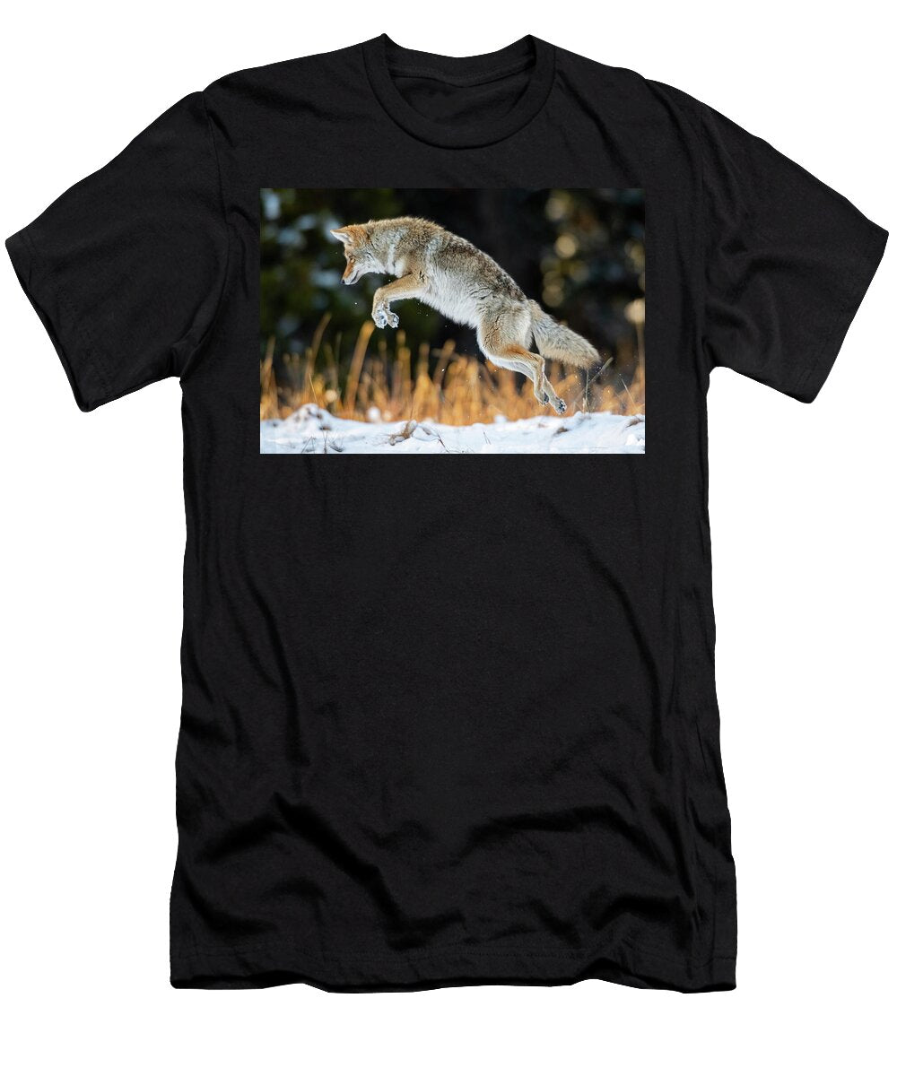 Coyote Pouncing Hunting Technique in Yellowstone National George Sanker Natureplcom T-Shirt