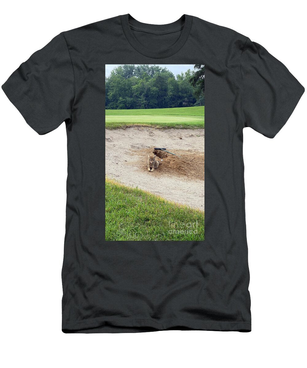 Coyote Pup Laying Next to Golf Ball in Sand Trap 8526 Jack Schultz T-Shirt