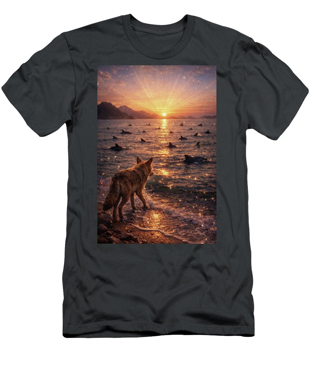 Coyote Watching Dolphin Sunset Lucia Anelisse De LA Cruz Sada T-Shirt