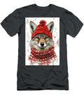 Coyote Watercolor Wolf Portrait in Red Hat and Scarf Rhys Jacobson T-Shirt