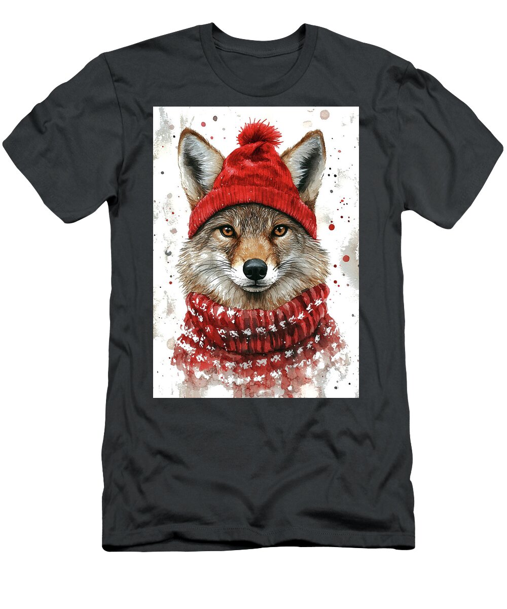 Coyote Watercolor Wolf Portrait in Red Hat and Scarf Rhys Jacobson T-Shirt