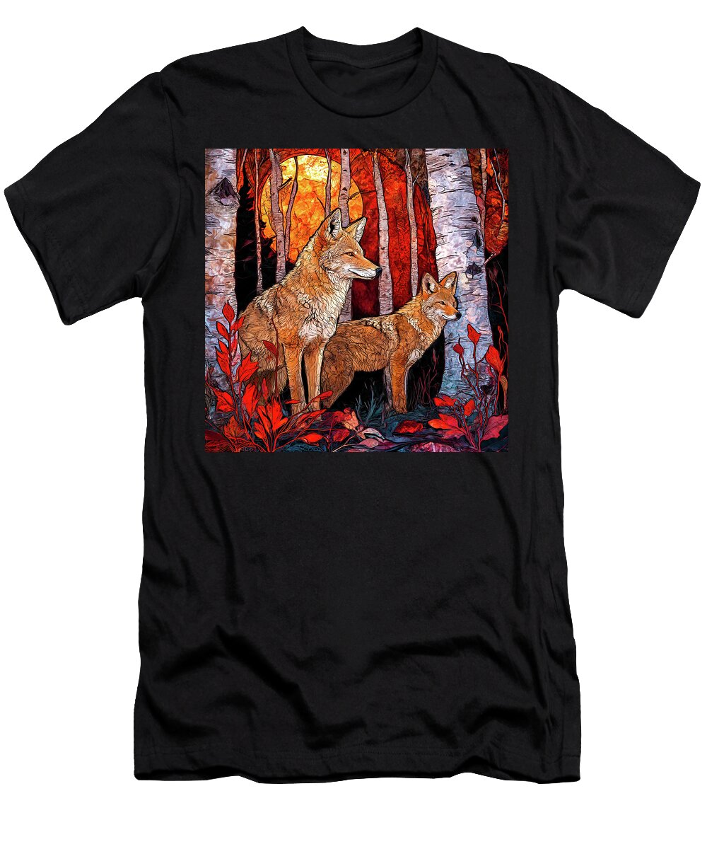Coyotes in a Vibrant Forest Brian Stevens T-Shirt