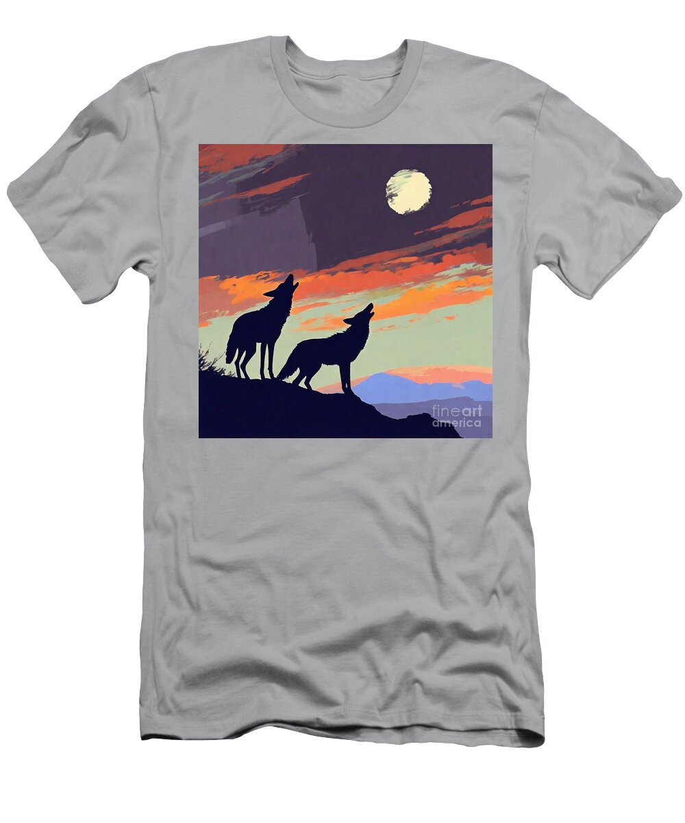 Coyotes Silhouetted on a Ridge Howling At the Moon Rhys Jacobson T-Shirt