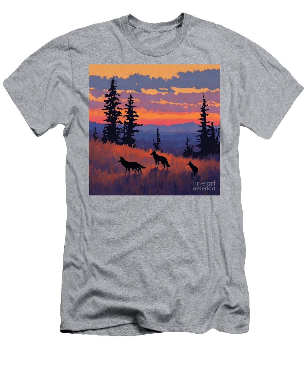 Coyotes Silhouetted on Ridges At Indigo Dusk Gloaming Rhys Jacobson T-Shirt