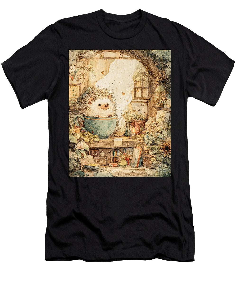 Cozy Scene Cute Hedgehog Hedgehog in a Cup a Whimsical Woodland Scene Charming Creature Clint Mclaughlin T-Shirt