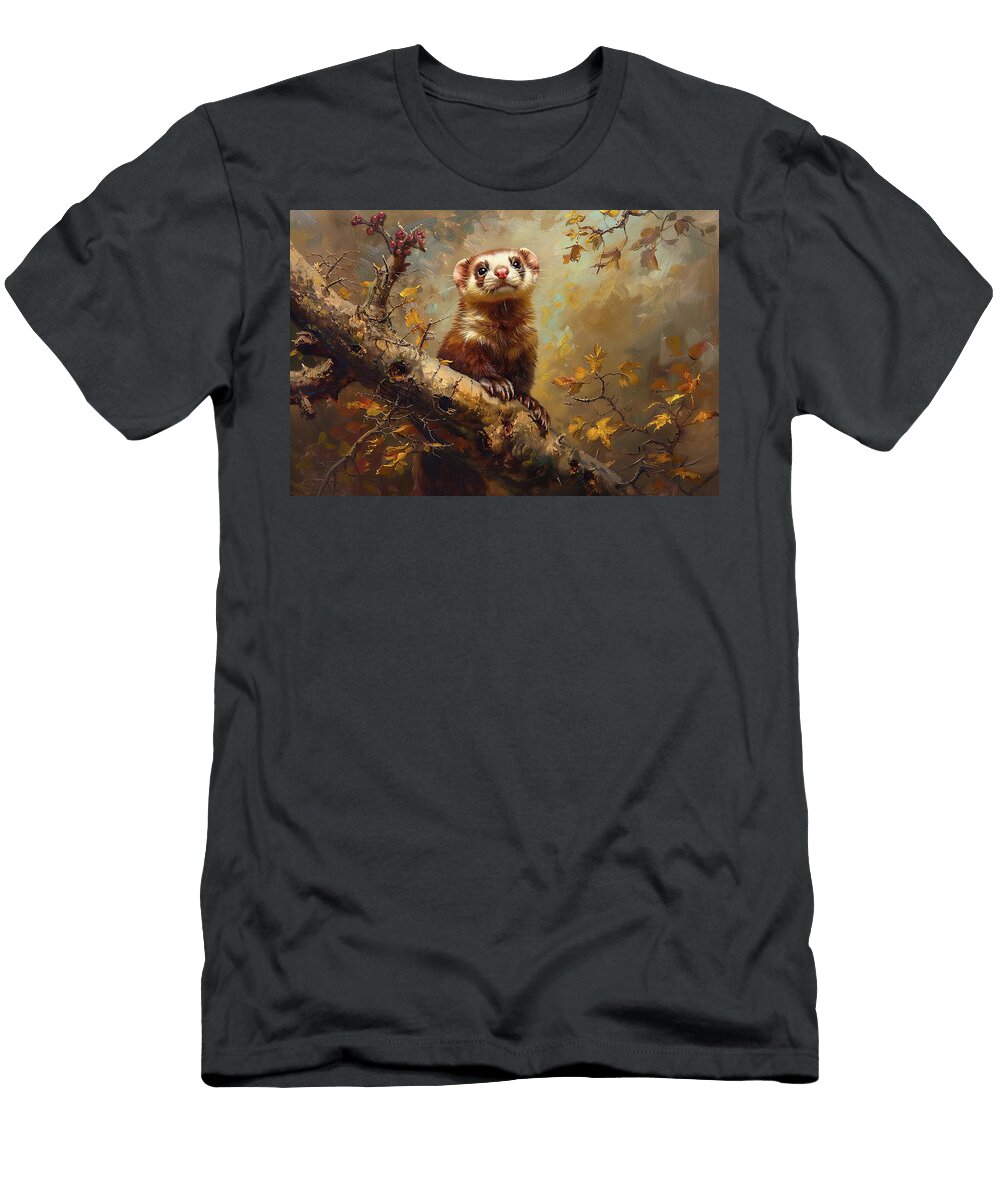 Curious Ferret in Autumn Leaves Mindscape Arts T-Shirt