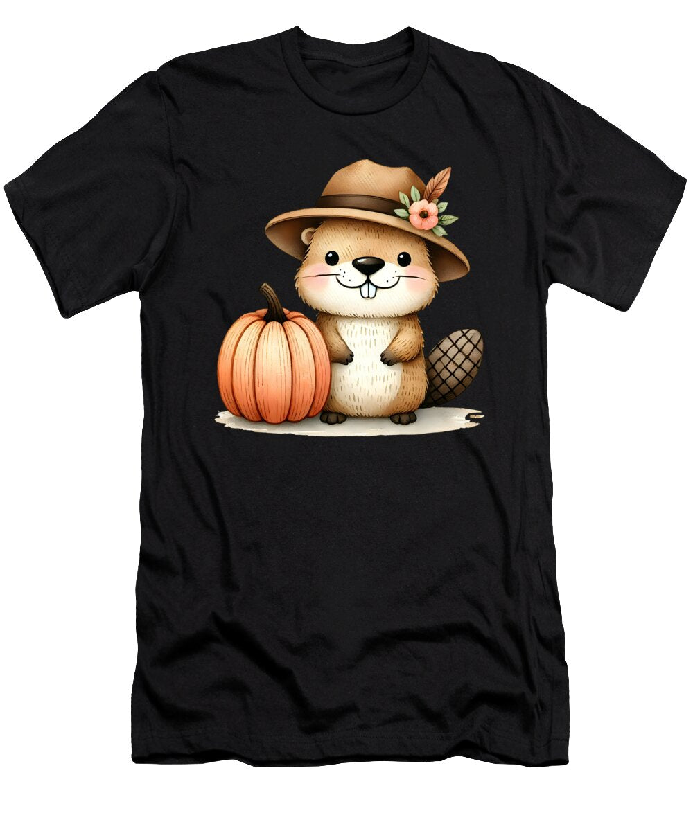 Cute Beaver with Pumpkin Autumn Hat Heidi Joyce T-Shirt