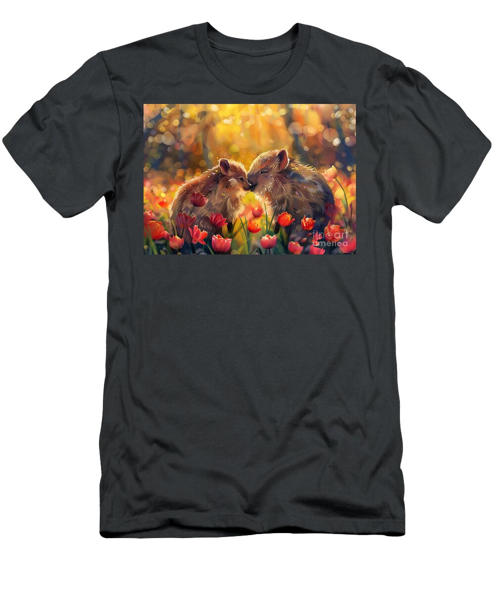 Cute Couples Playful Wild Boar Forest Animal Sharing a Kiss in a Field of Tulips At Sunset Eldre Delvie T-Shirt