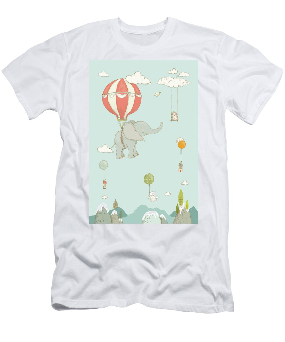 Cute Elephant Floating in the Sky Whimsical Art for Kids Matthias Hauser T-Shirt