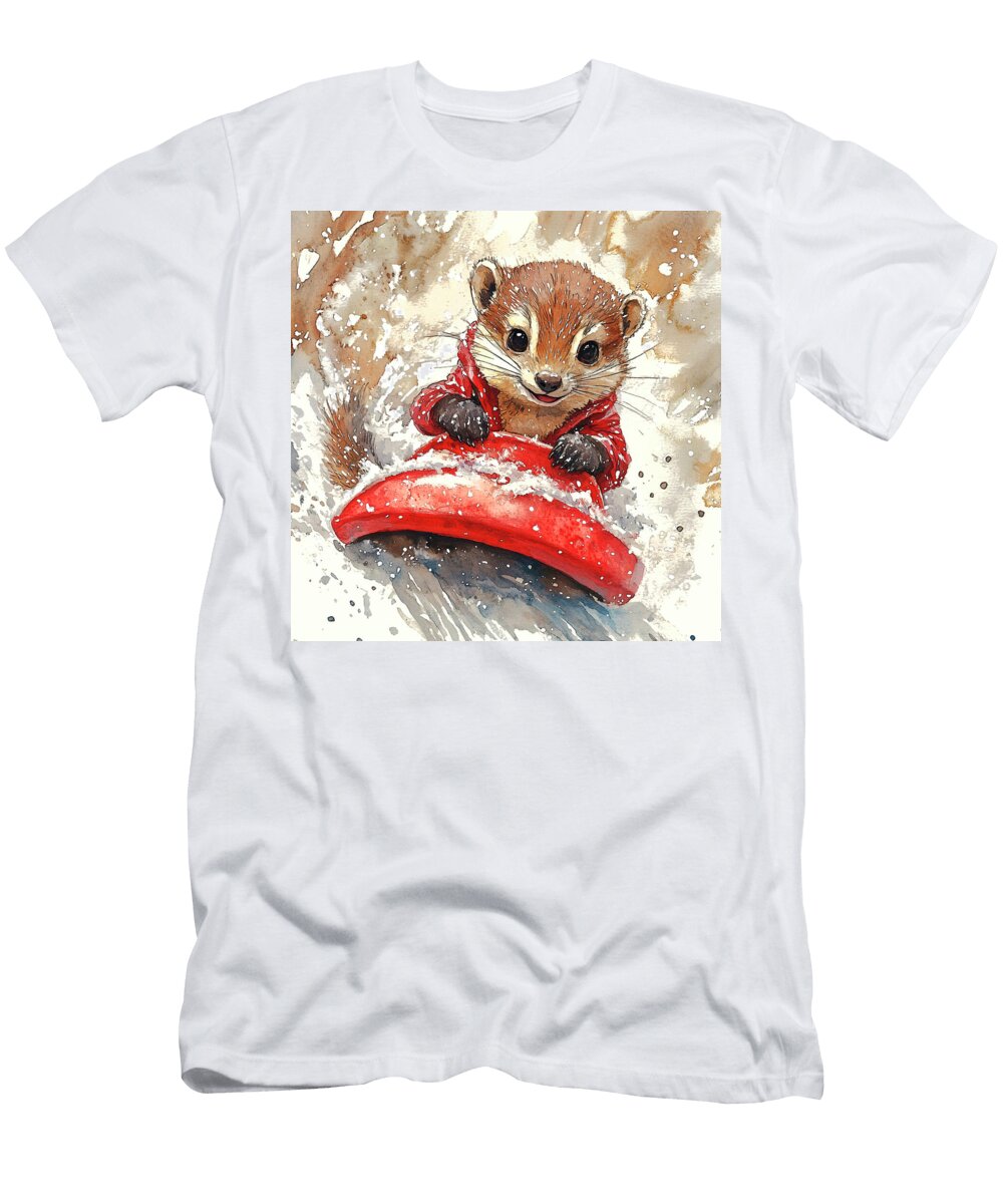 Cute Ferret Enjoying a Winter Sled Ride Rhys Jacobson T-Shirt