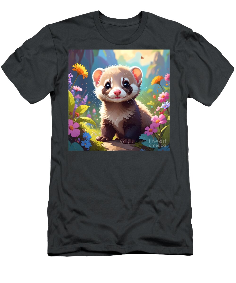 Cute Ferret in a Colorful Meadow Surrounded By Flowers Invigor Design T-Shirt