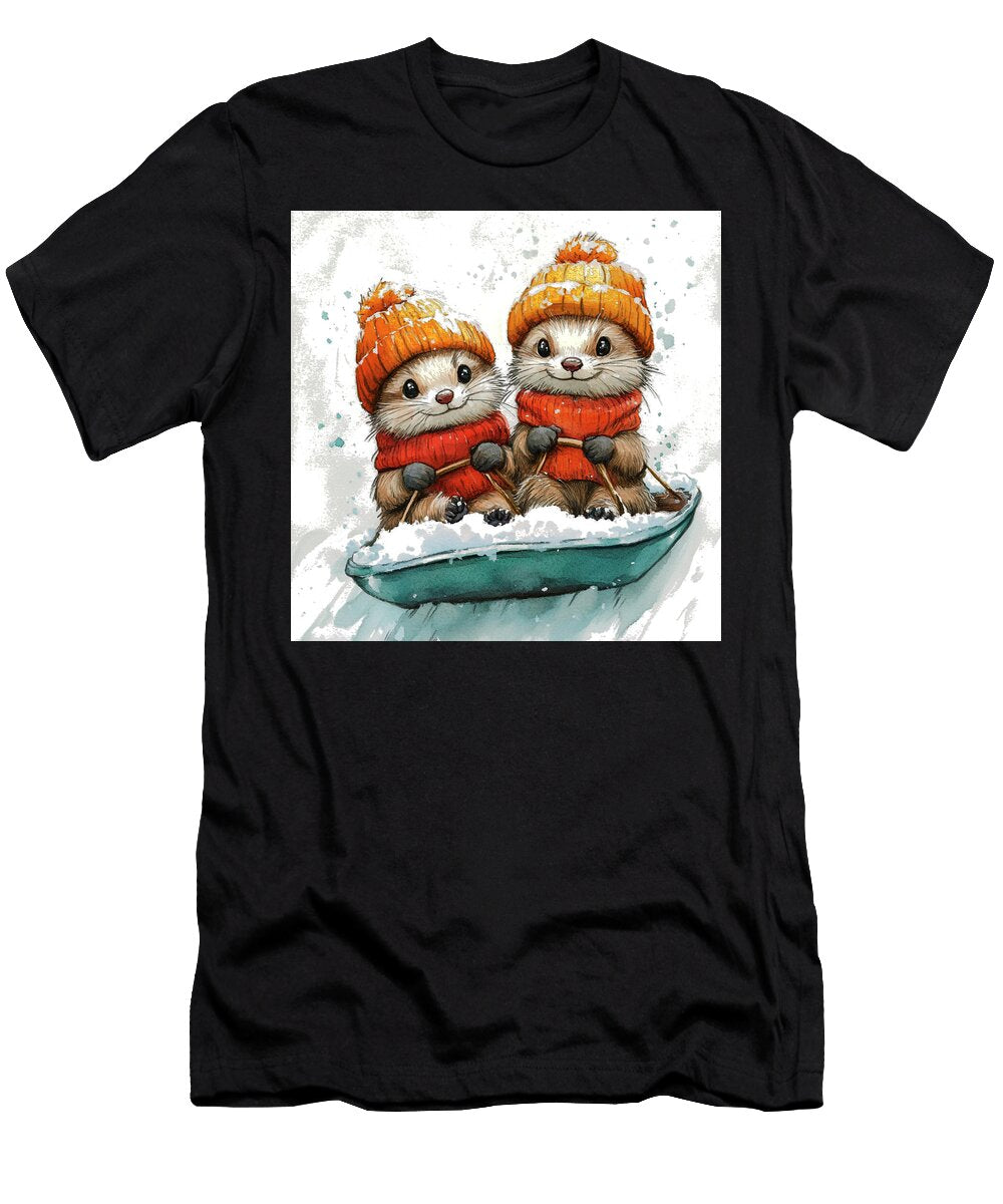 Cute Ferrets Sledding in the Snow Winter Fun and Friends Rhys Jacobson T-Shirt