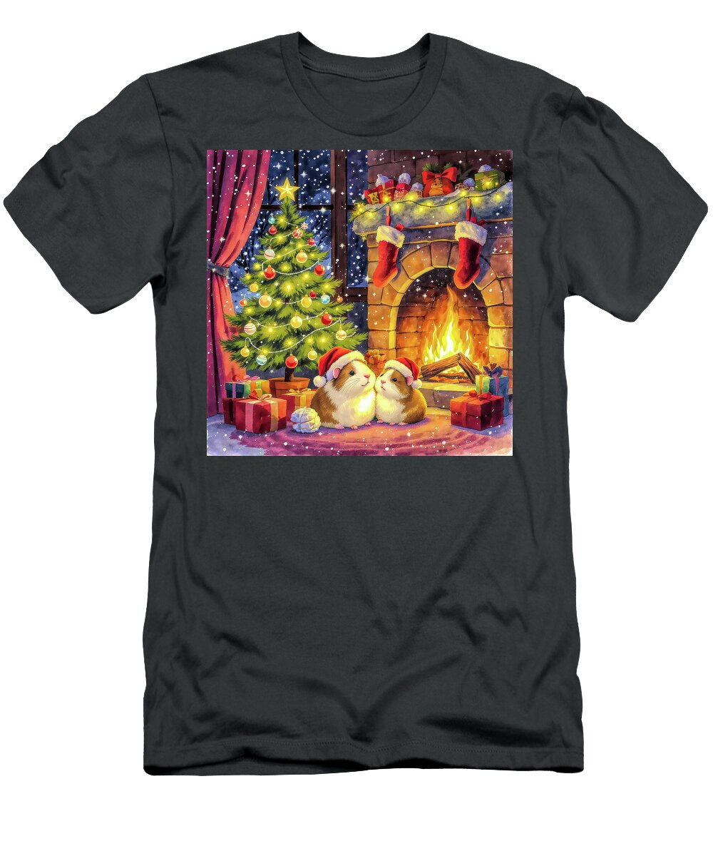 Cute Guinea Pig and Hamster Christmas By the Fireplace Charlesy T-Shirt