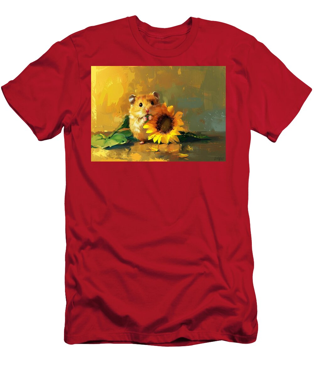 Cute Hamster Holding a Sunflower Adorable Pet Painting Ava Boone T-Shirt