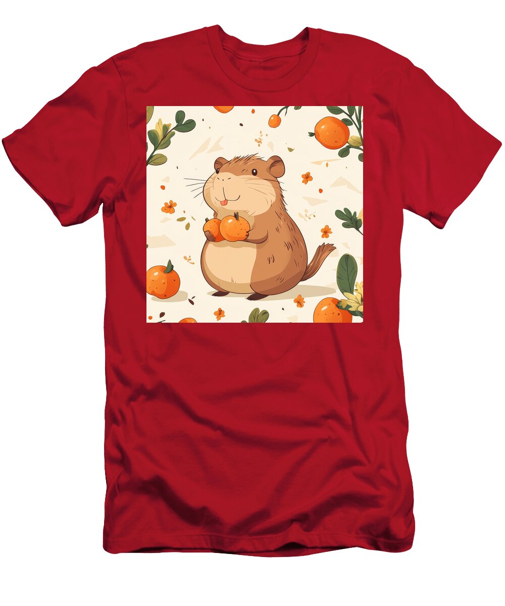 Cute Hamster Holding Oranges Floral Background Rotty Asmaw T-Shirt