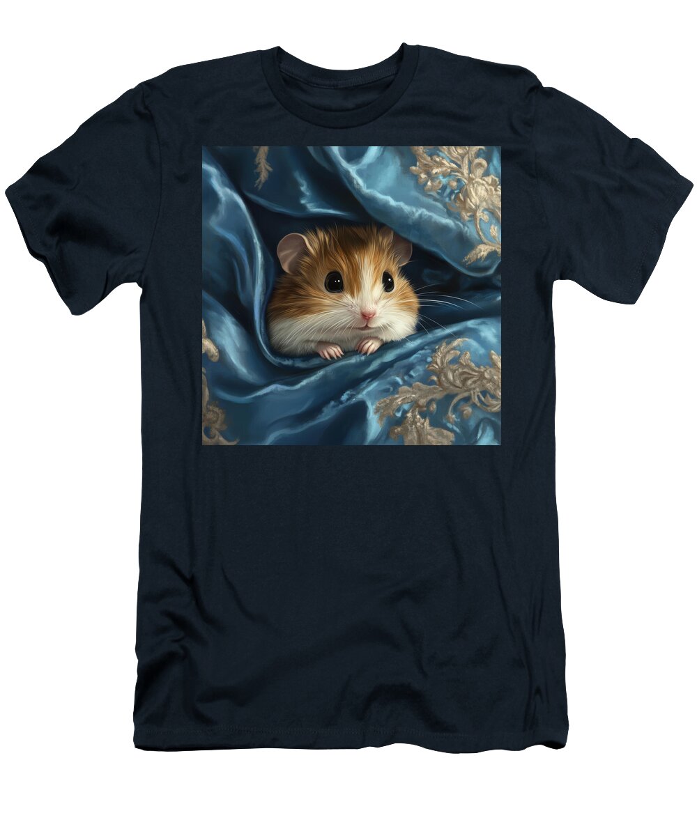 Cute Hamster Nestled in Blue Satin Blanket Damion Leanon T-Shirt