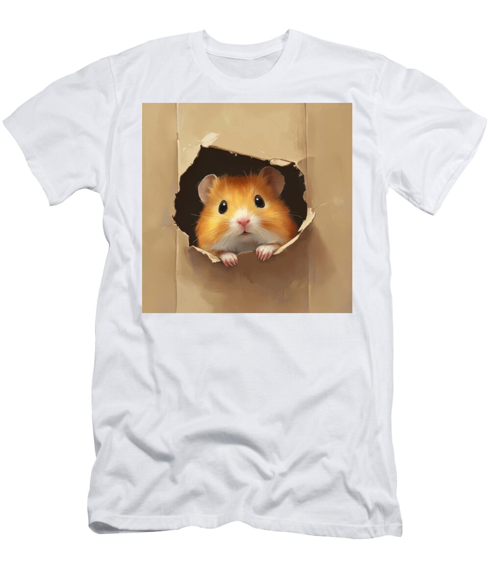 Cute Hamster Peeking Through Hole in Cardboard Box Kristy San T-Shirt