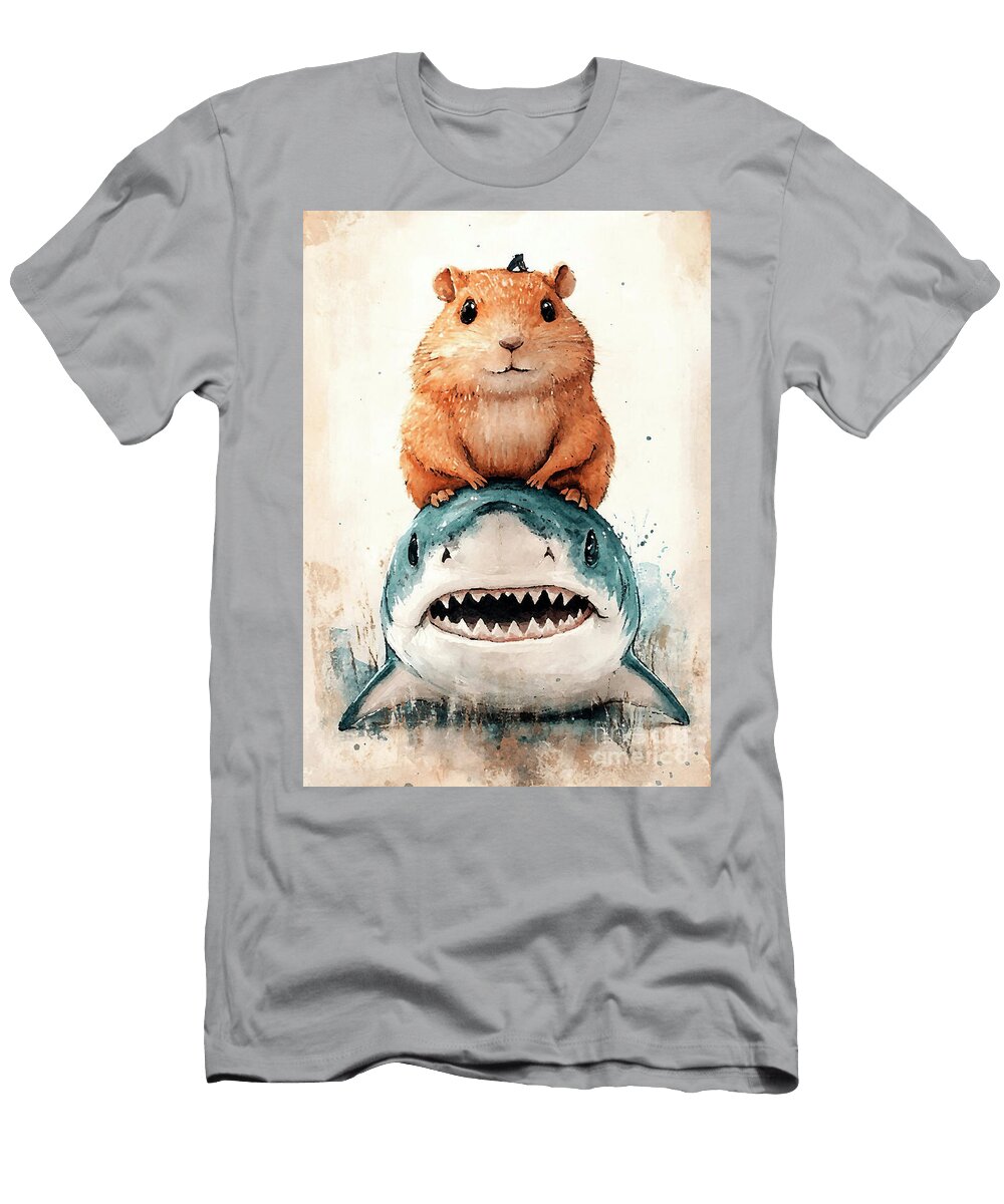 Cute Hamster Riding a Shark Watercolor Painting Clint Mclaughlin T-Shirt