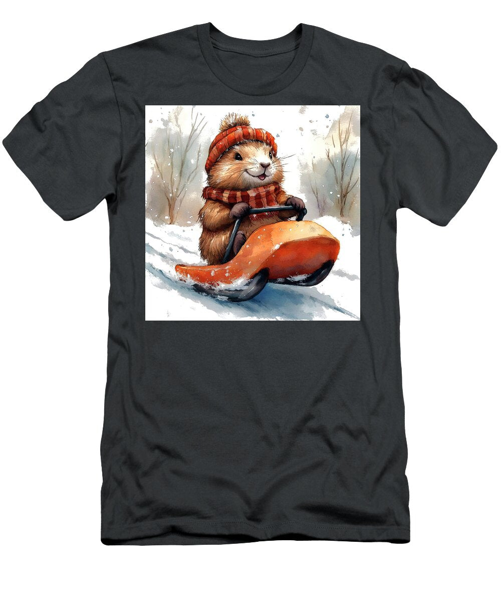 Cute Hamster Sledding in Winter Wonderland Rhys Jacobson T-Shirt