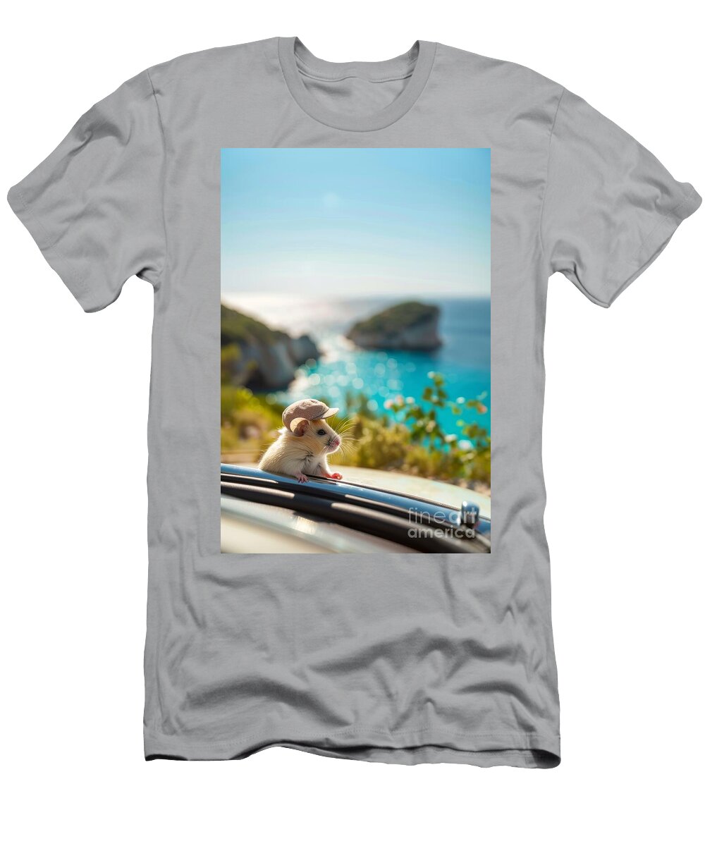 Cute Hamster Wearing Tiny Hat on Car Overlooking Sea Michal Bednarek T-Shirt