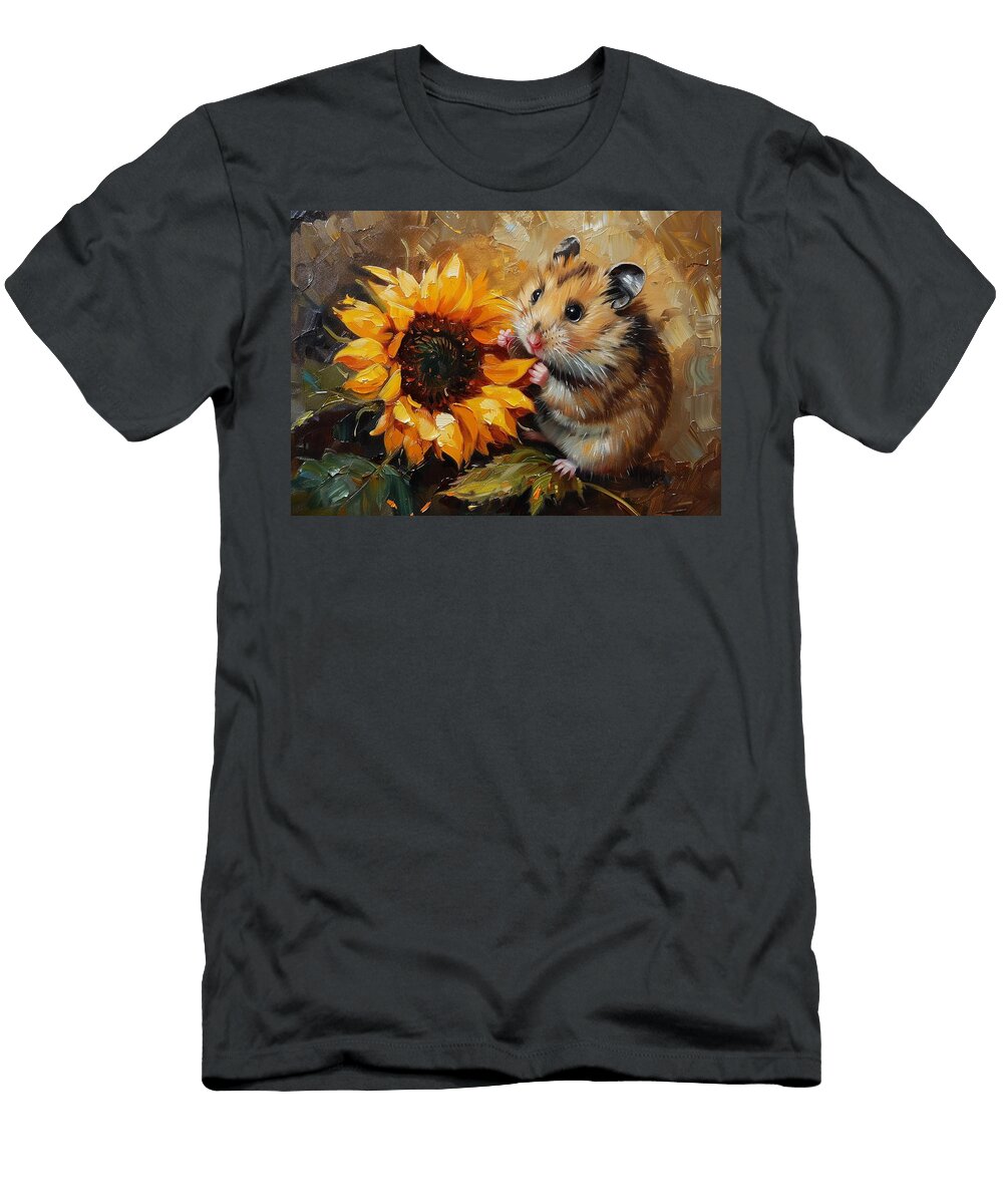 Cute Hamster with Sunflower Adorable Pet Portrait Painting Ava Boone T-Shirt
