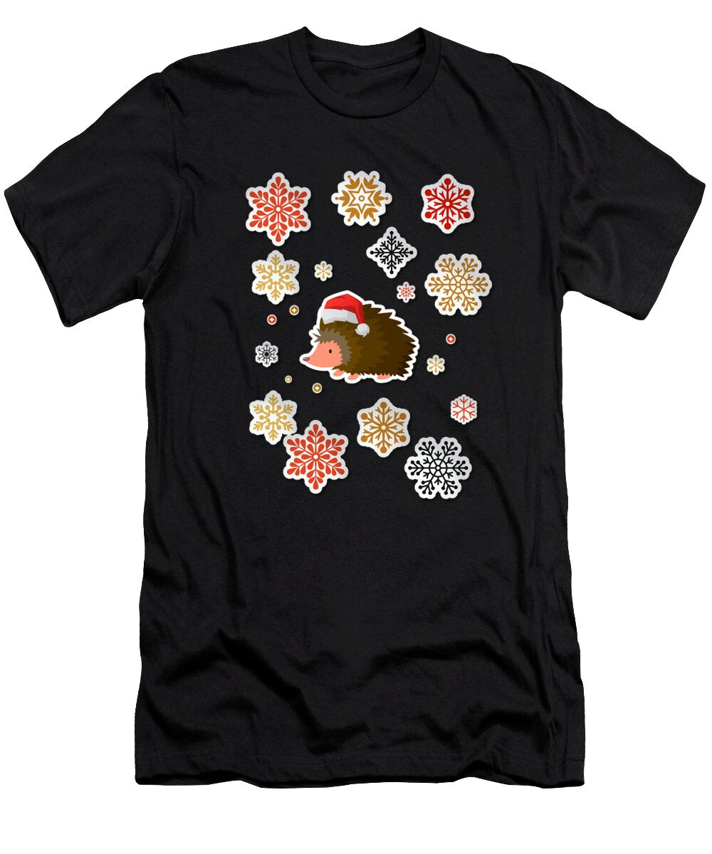 Cute Hedgehog Santa Hat Colorful Snowflakes Grace Collett T-Shirt