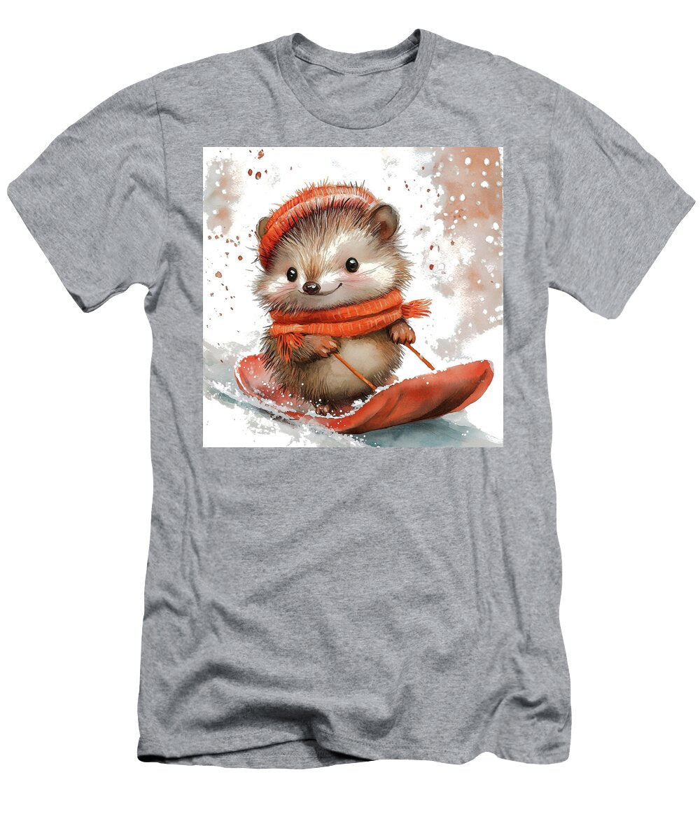 Cute Hedgehog Sledding in the Snow Watercolor Illustration Rhys Jacobson T-Shirt