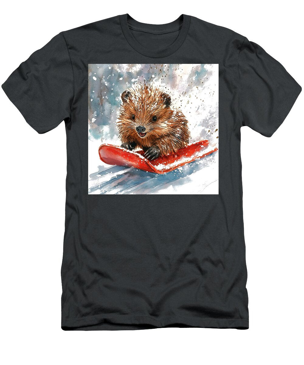 Cute Hedgehog Sledding in the Snow Winter Wonderland Rhys Jacobson T-Shirt