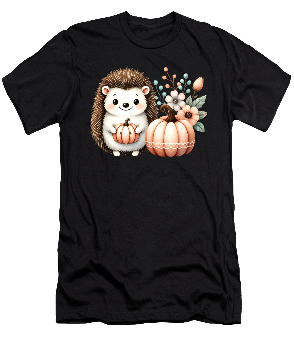 Cute Hedgehog with Pumpkin and Flowers Heidi Joyce T-Shirt