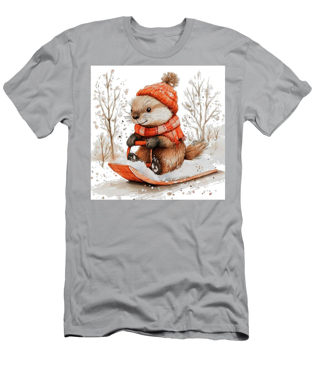 Cute Otter Sledding in Winter Watercolor Illustration Rhys Jacobson T-Shirt