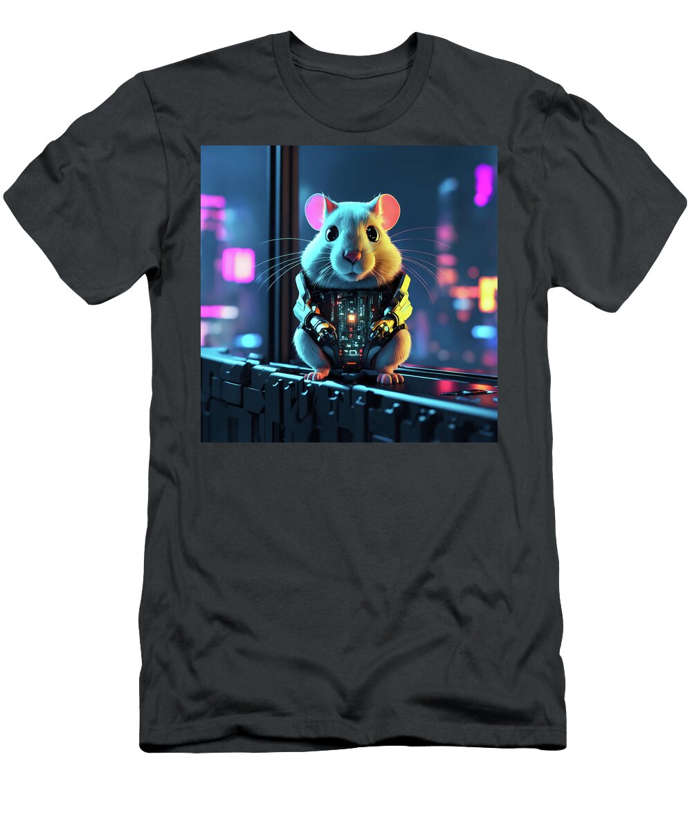 Cyber Hamster in a Futuristic Cityscape Szymon Dynia T-Shirt